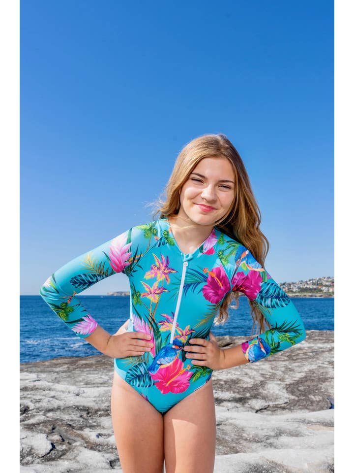 Tribe Tropical - Wholesale One Piece Swimsuit - Kids - Teenage Girl / Tween Long-Sleeve Swimsuit -'Kingfisher Cove'4