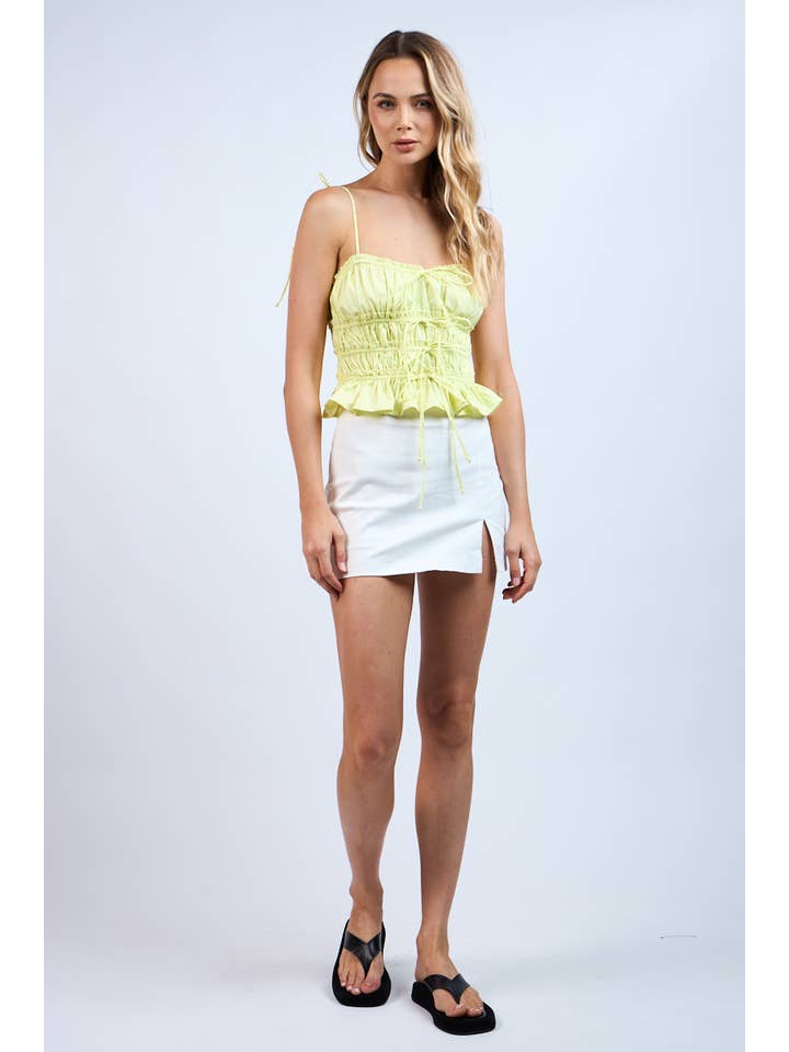 Sky to Moon - Wholesale Blouse - Women's - SOLID RUFFLE TRIM RUCHED TIERED TIES CROP TOP
