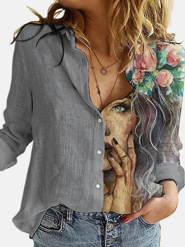 VividLux - Wholesale Button Down Shirt - Women's - Stylish Asymmetric Floral Printed Lapel Long Sleeves Blouse Tops
