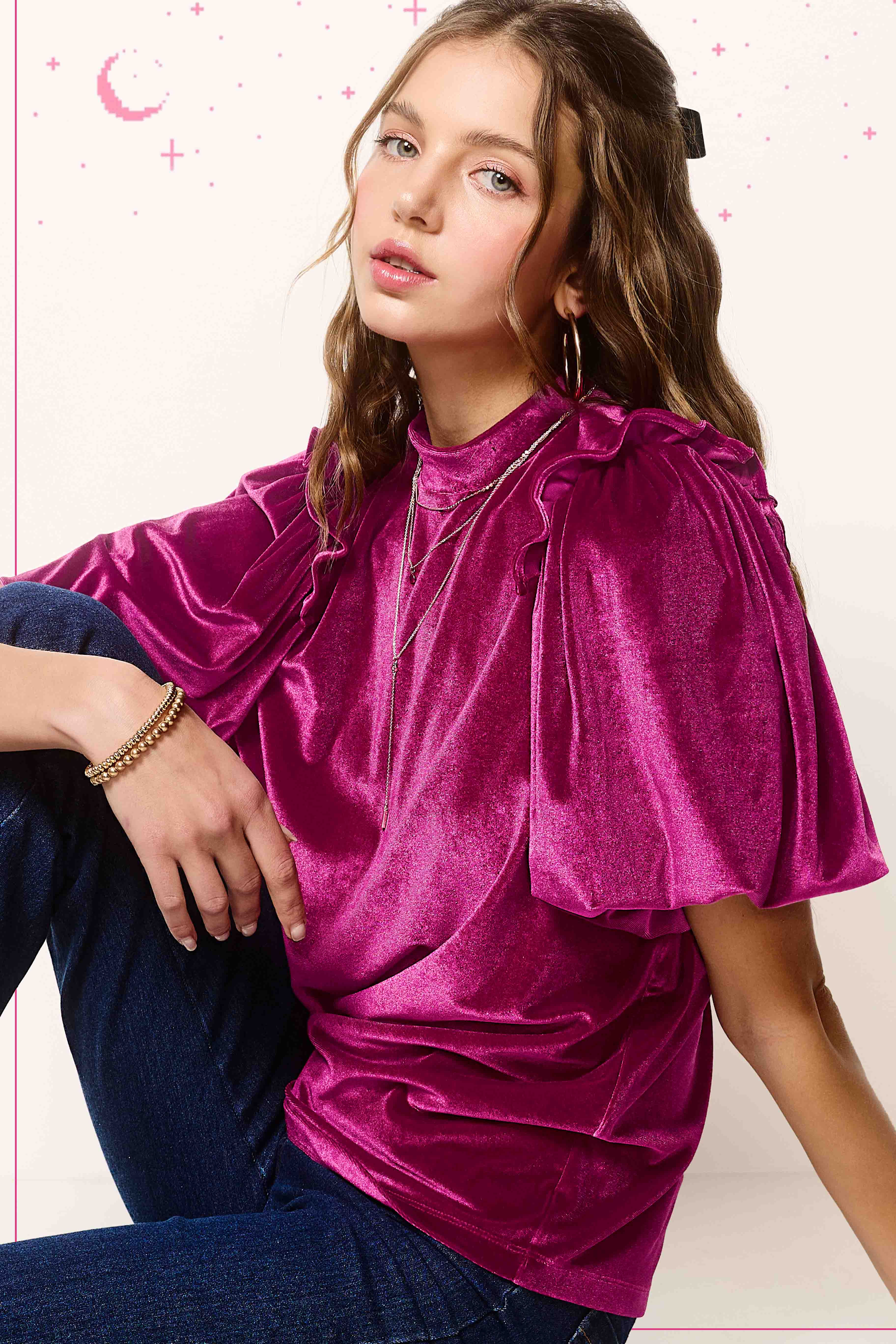 La Miel - Vendita all'ingrosso Camicetta - Donna - Top in velluto con maniche a sbuffo e collo alto, maniche corte9