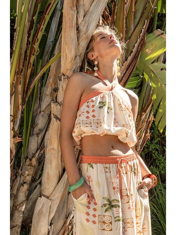 Cream Multi Printed Halter And Skirt Set for wholesale on Faire6