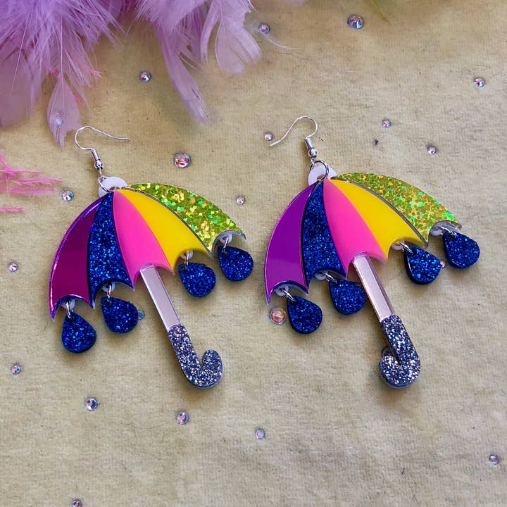 Rainbow Umbrella And Glitter Raindrop Earrings, Laser Cut Acrylic, Plastic Jewelry for wholesale by I'm Your Present