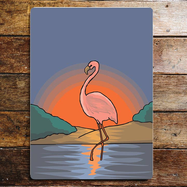 Metallschild „Flamingo Standing In Sunset“ für den Großhandel von The British Metal Signs Company