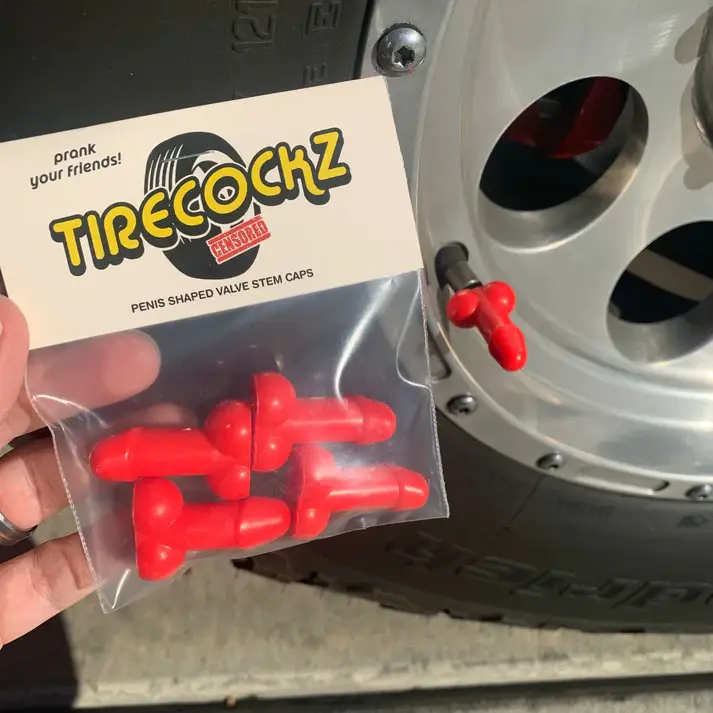 ShutUpAndTakeMyMoney – Engroshandel Spøg og skæmt-gave/gaveartikel – TireCockz Prank Pølseformede Ventilhætter - Gave med Et Glimt i Øjet5