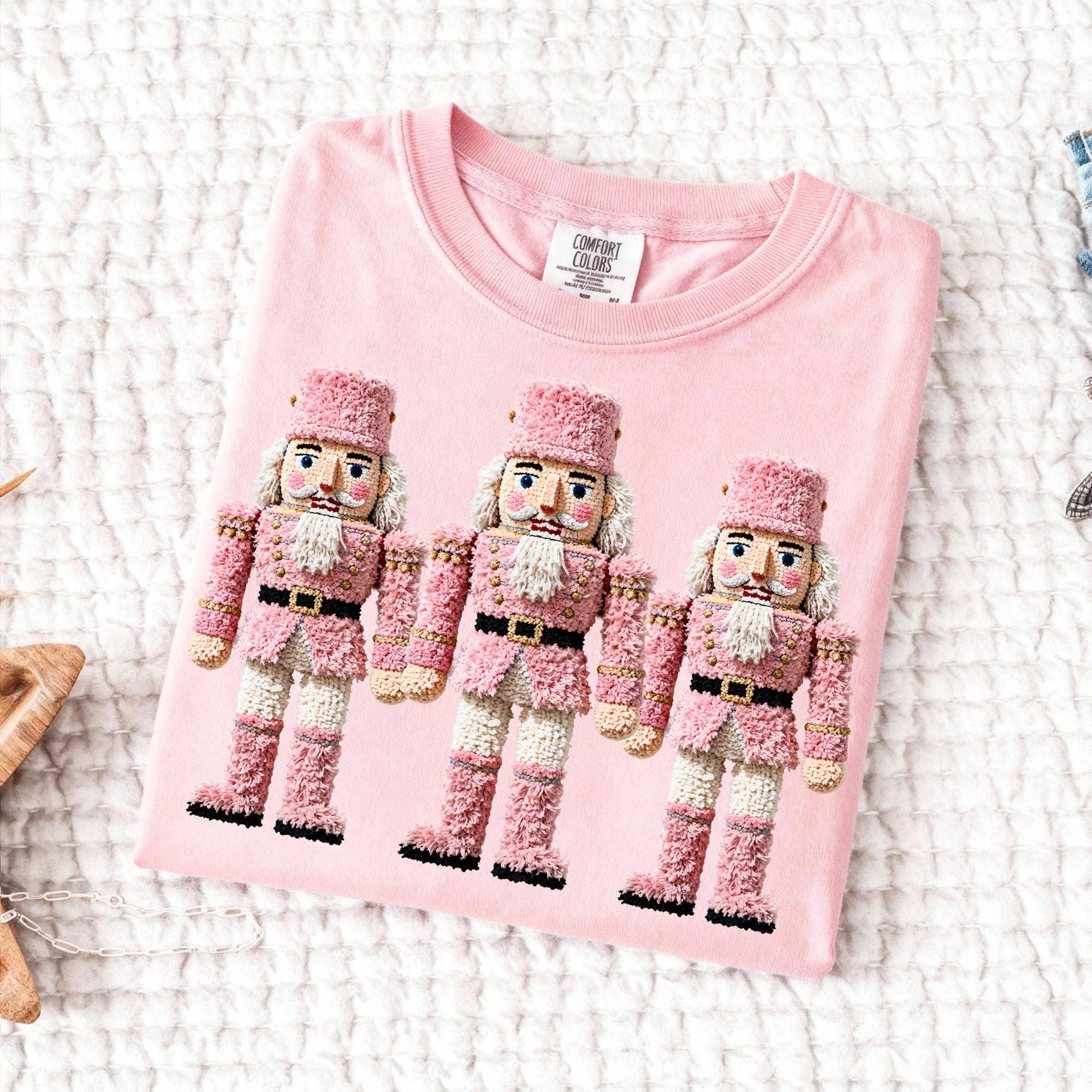 Glaime - Wholesale T-Shirt (Graphic) - Women's - Faux Yarn Crochet Pink Nutcrackers Shirt, Christmas Sweater