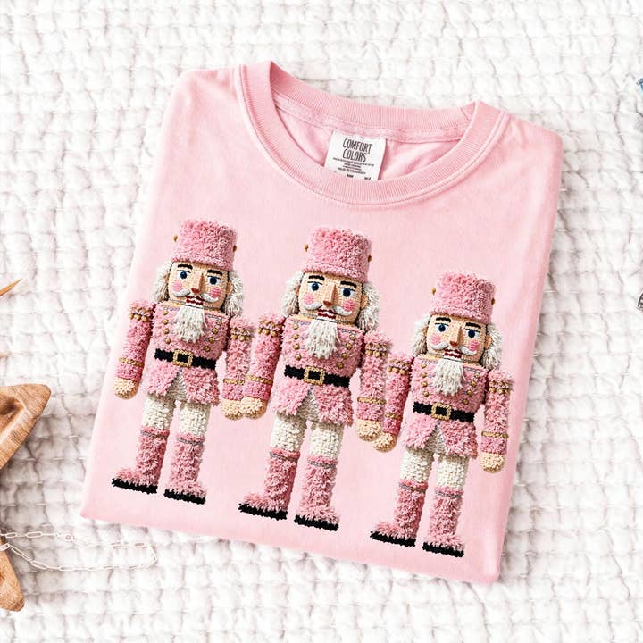 Glaime - Wholesale T-Shirt (Graphic) - Women's - Faux Yarn Crochet Pink Nutcrackers Shirt, Christmas Sweater0