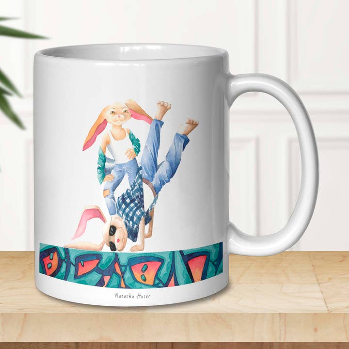 Tazza in terracotta da 33 cl, motivo coniglio danzante: HIP HOP per la vendita all'ingrosso da parte di Natacha Huser