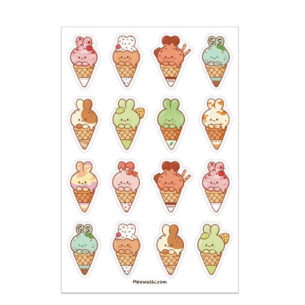Rabbit Ice Cream Clear Sticker Sheet for wholesale by Meowashi Studio