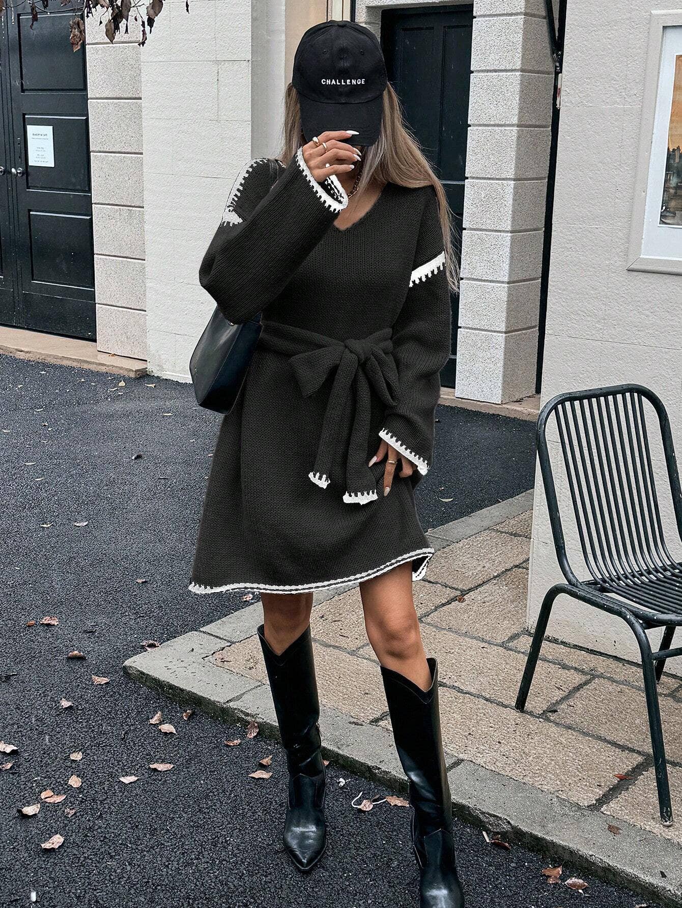 ElevateWell – wholesale Dress – Women's – Women's Contrast Trim V-Neck Long Sleeve Belted Dredd8