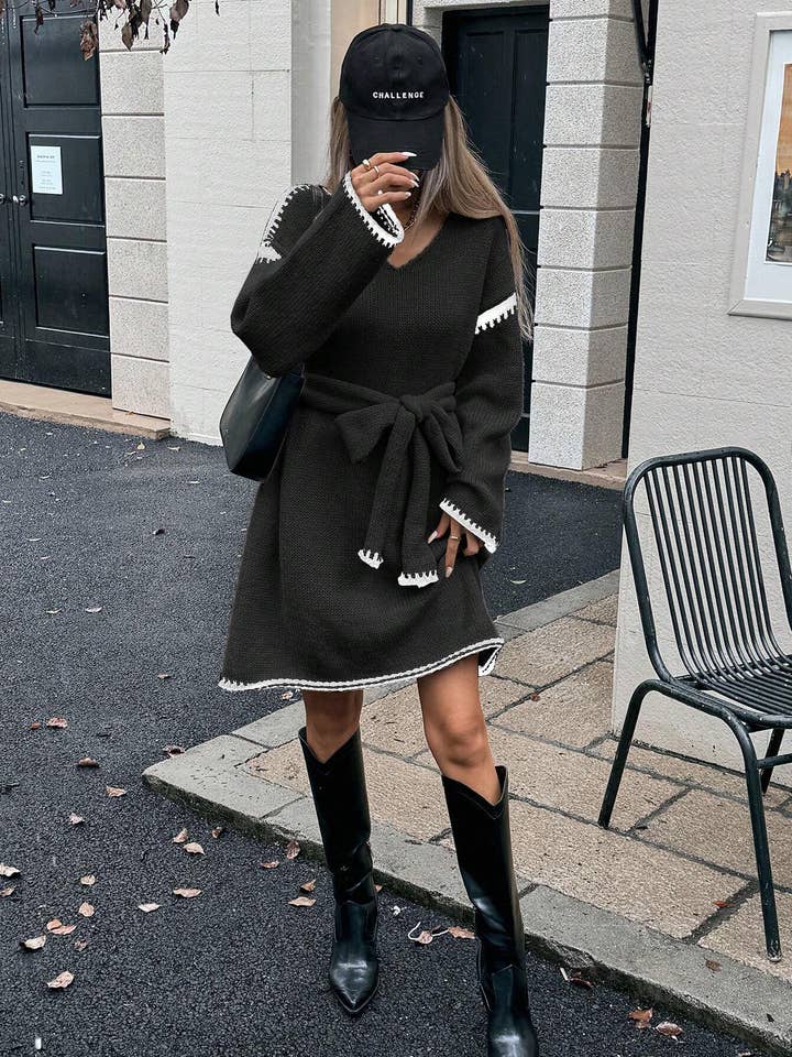 ElevateWell - Wholesale Dress - Women's - Women's Contrast Trim V-Neck Long Sleeve Belted Dredd8