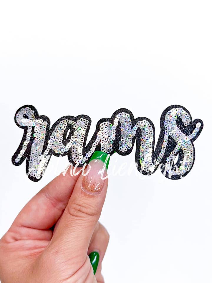 Rams Cursive Sequins Iron On Patch-Silver for wholesale by ABLNco