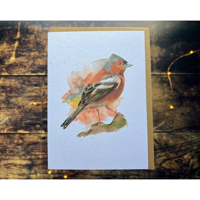 Chaffinch Greetings Card | Blank card, celebration, watercolour print for wholesale by Georgina Doodles