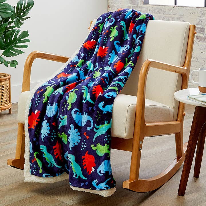 Navy Dino Faux Shearling Micro Plush All Season Throw 50" x 60" for wholesale by Infinite Basics