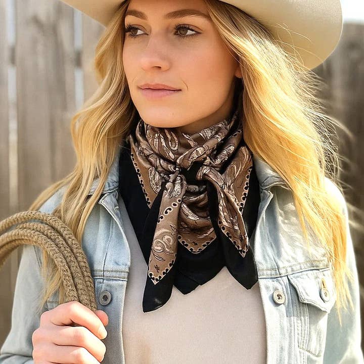 35X35" Black and Tan Floral Paisley Wild Rag / Scarf WR3383 for wholesale by Rodeo Drive