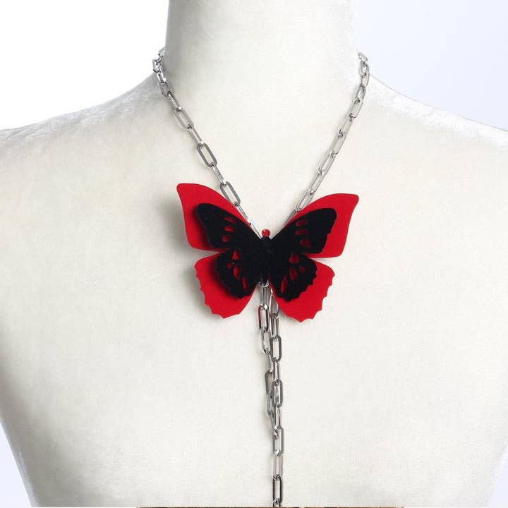 Fashion Butterflies – Engroshandel Hårspænde - Dame – Rød og sort fløjl Butterfly Hair Clip | Pin | Choker | Halskæde