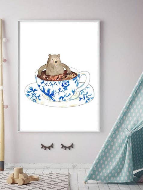 Bära i kopp kaffe te målning vägg affisch akvarell för wholesale av Goodfairyart