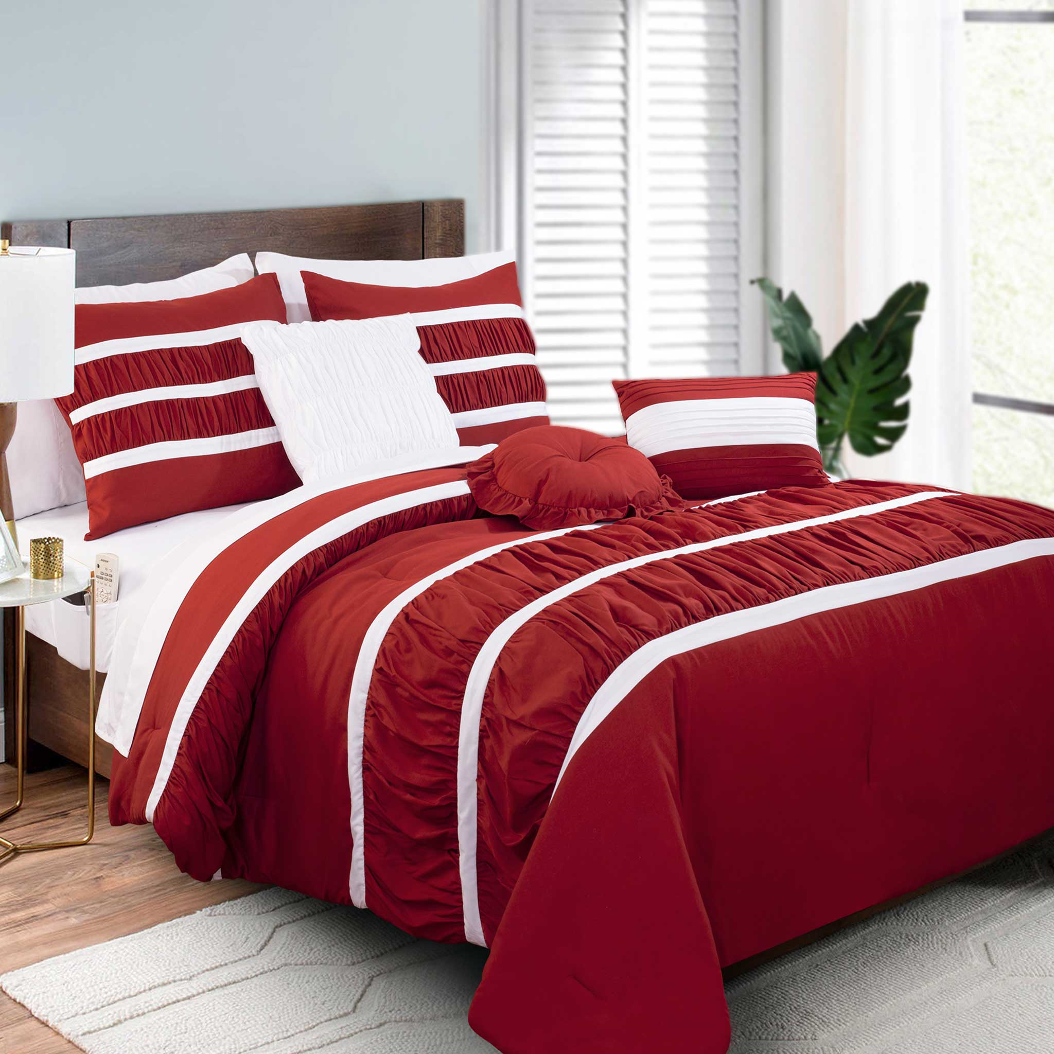 Elegant Comfort - Wholesale Bedding Set - Elegant Comfort 12-Piece Isabella Pleated Ruched Ruffled Comforter Set, Includes 6-Piece Sheet Set with Double Sided Storage Pockets3