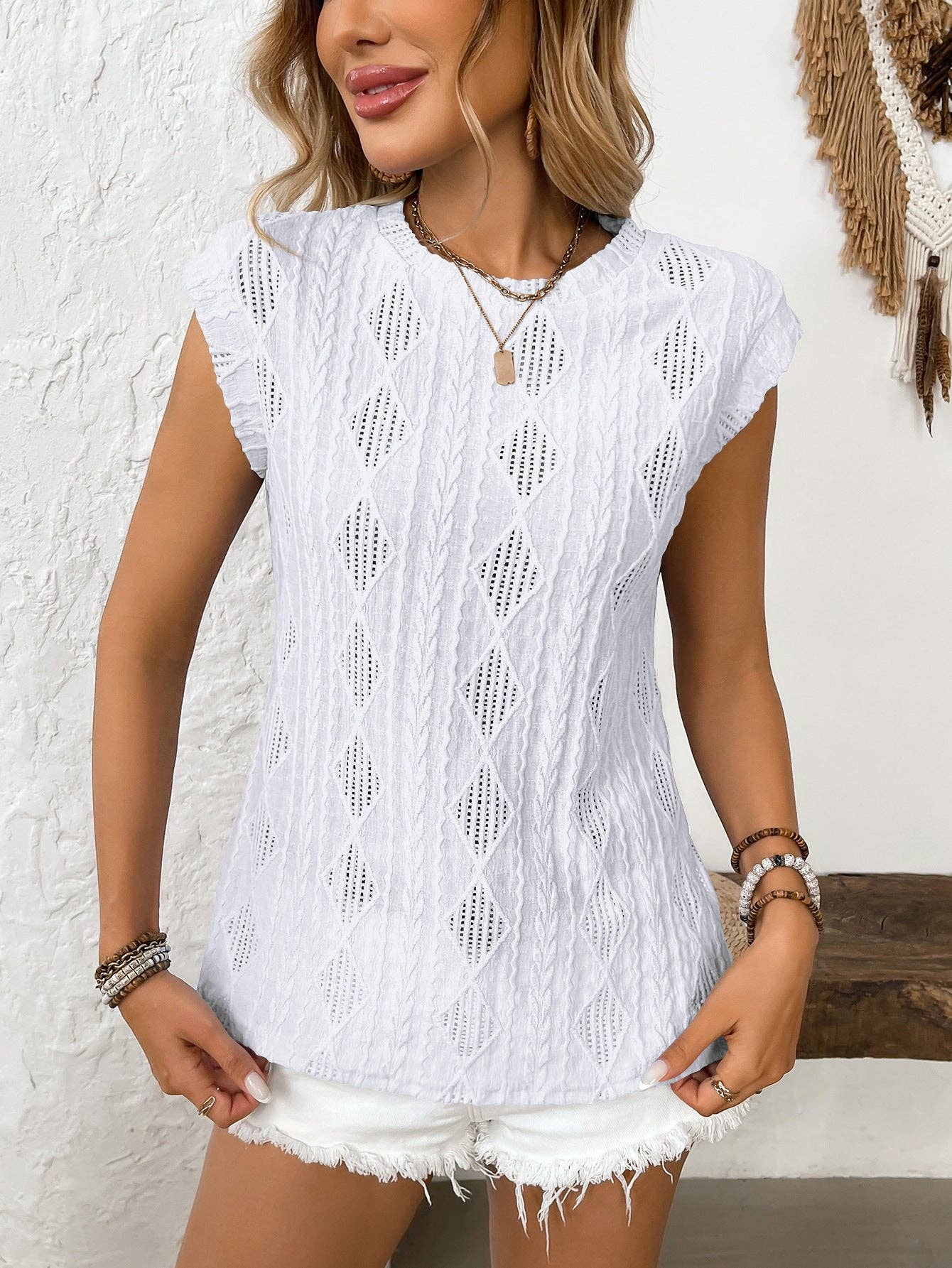 Suhkasana - Vente Chemisier – femme - Haut sans manches en jacquard pour femme – Blouse débardeur d'été décontractée16