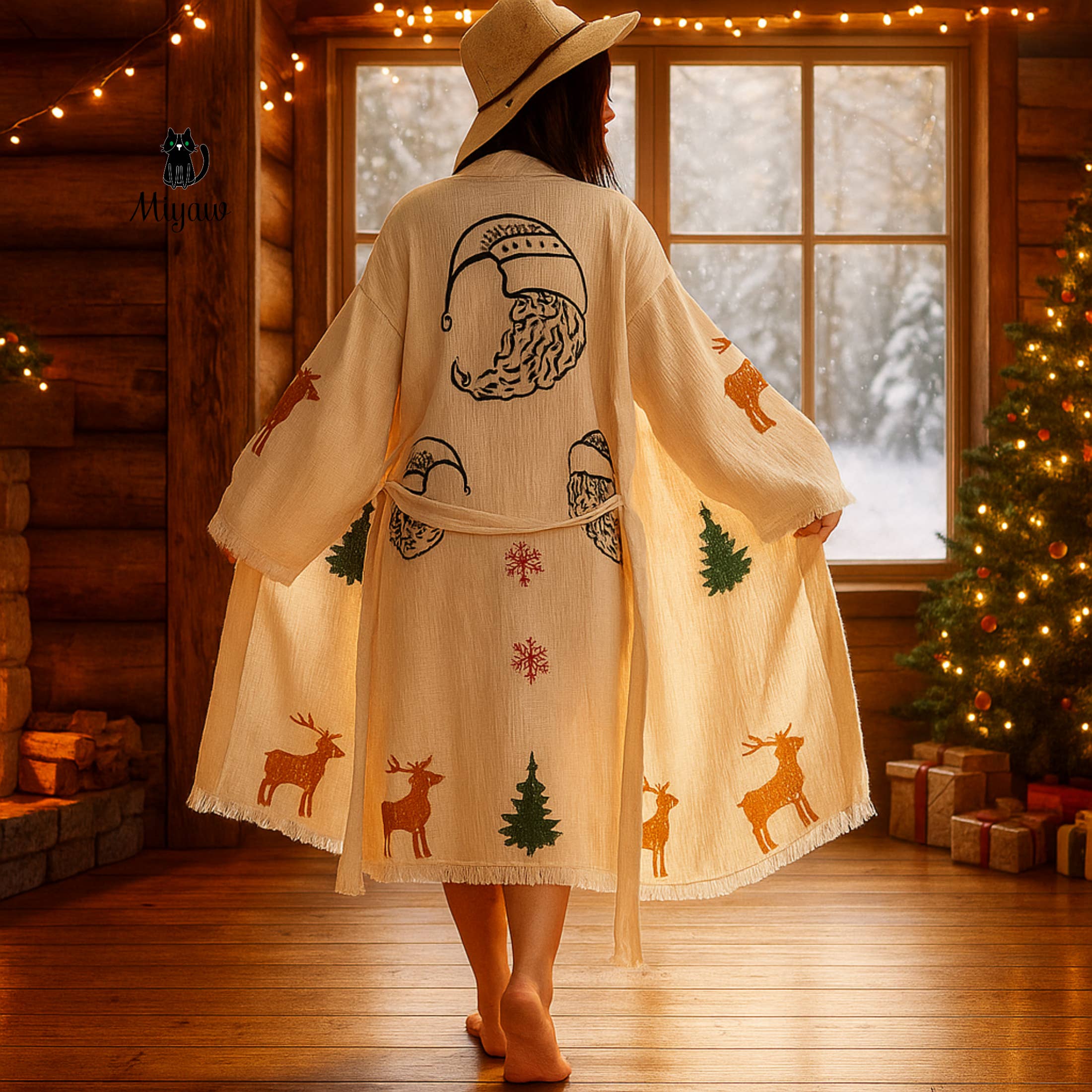 Beige Christmas Tree Santa Kimono Robe – Gift for 2025 Holidays for wholesale on Faire