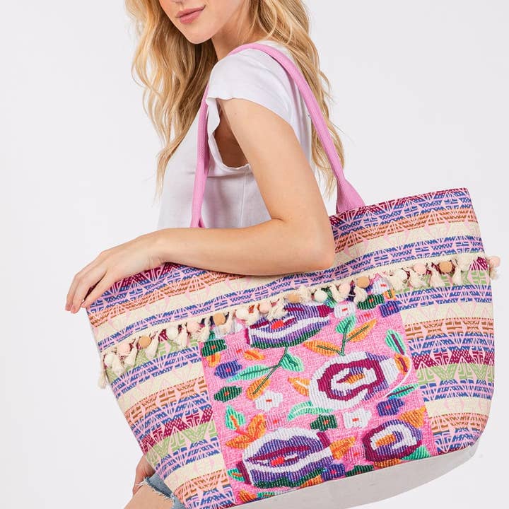 MiMi Wholesale - Wholesale Tote Bag - Women's - MB0308 Boho Print Pom Pom Fringe Tote Bag