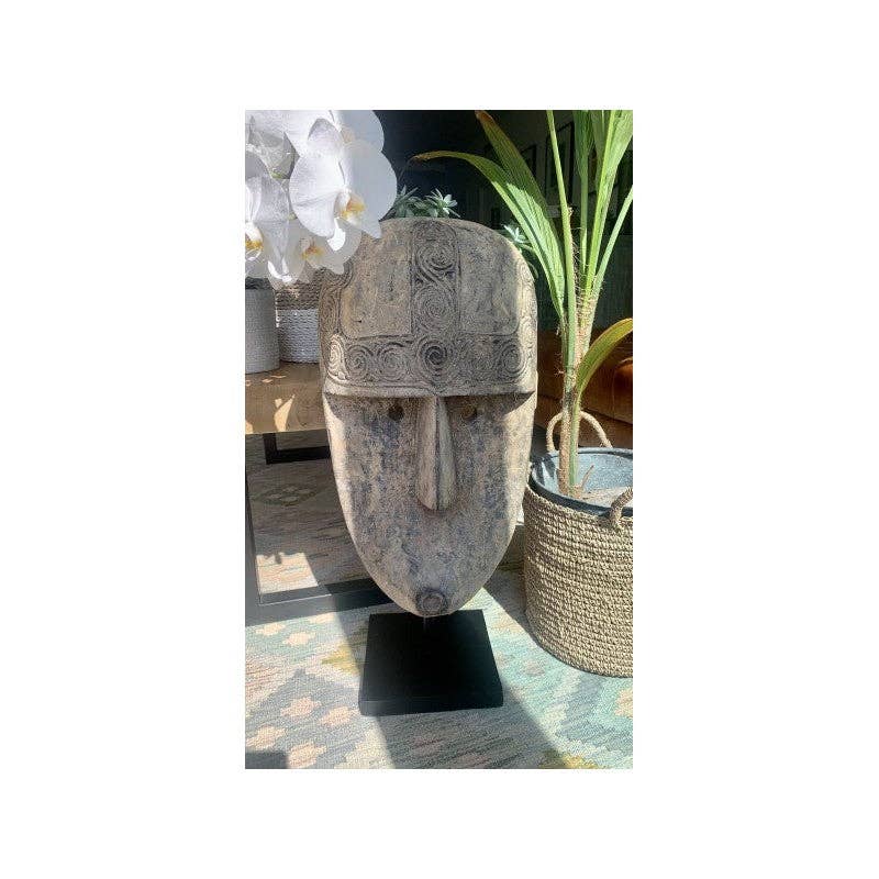 Paloma Black (Casa Natura Design, S.L.) - Wholesale Sculpture - Large Heavy & Solid Wooden Hand Carved Mask On Stand With4