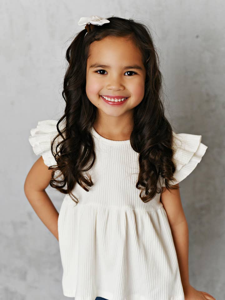 Kids White Double Ruffle Flutter Sleeve Spring Summer Shirt for wholesale by Oopsie Daisy