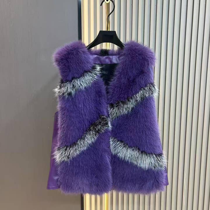 PEACH ACCESSORIES - Wholesale Outerwear Vest - Women's - Faux Fur Vest with Geometric Accents and Jewelled Clasp DH079