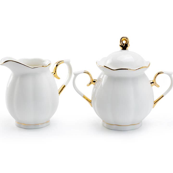 Grace Teaware - Wholesale Creamer - White Gold Scallop Fine Porcelain Sugar and Creamer Set