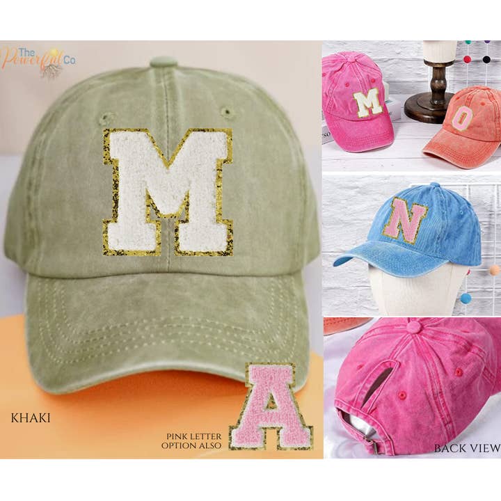 Casquette/chapeau de queue de cheval avec patch lettre chenille pour la vente par The Powerful Co.