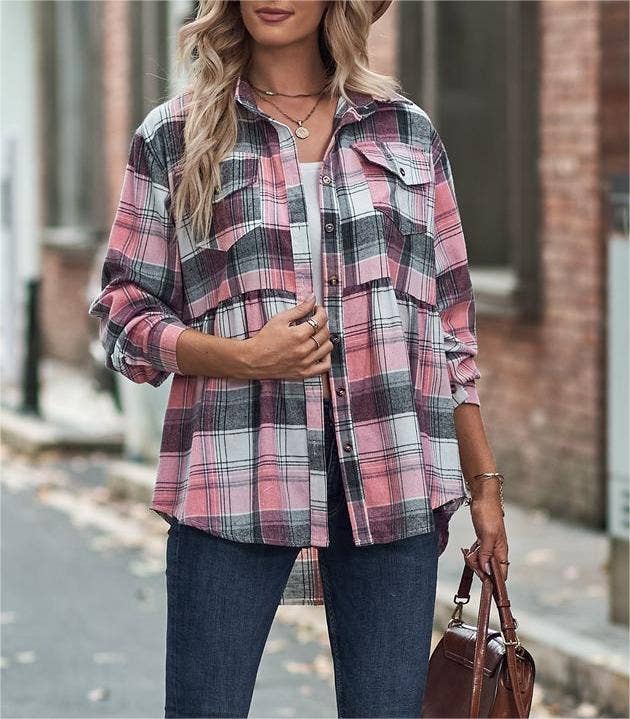 Rosa Clothing - Wholesale Button Down Shirt - Women's - Pocket long-sleeve plaid shirt jacket10