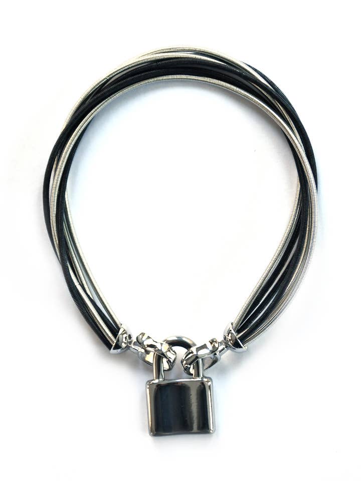 Silver-Black - Wire Charm Bracelet with Lock Pendant for wholesale by Sea Lily