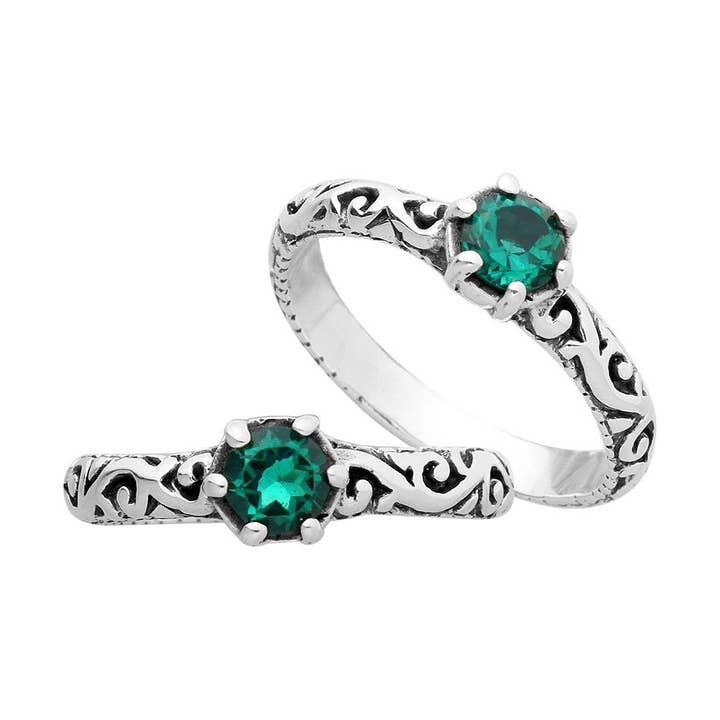 Anel de Filigrana em Prata Esterlina AR-1104-GQ com Pedra Redonda Verde Q. por atacado de Bali Designs