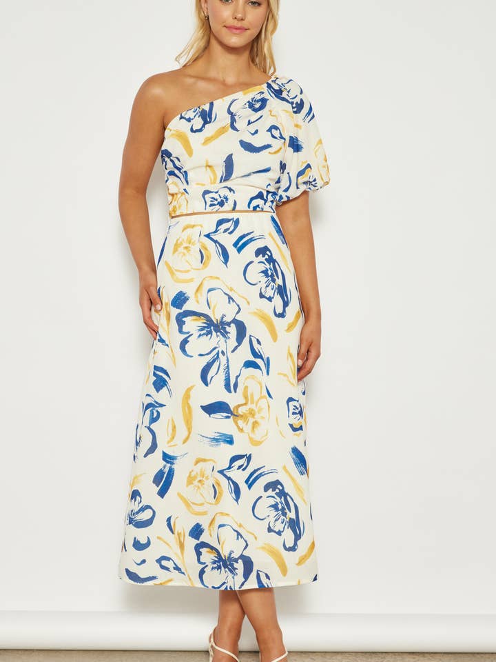 Conjunto estampado em linho sintético com top de um ombro e saia por atacado de Style State Wholesale