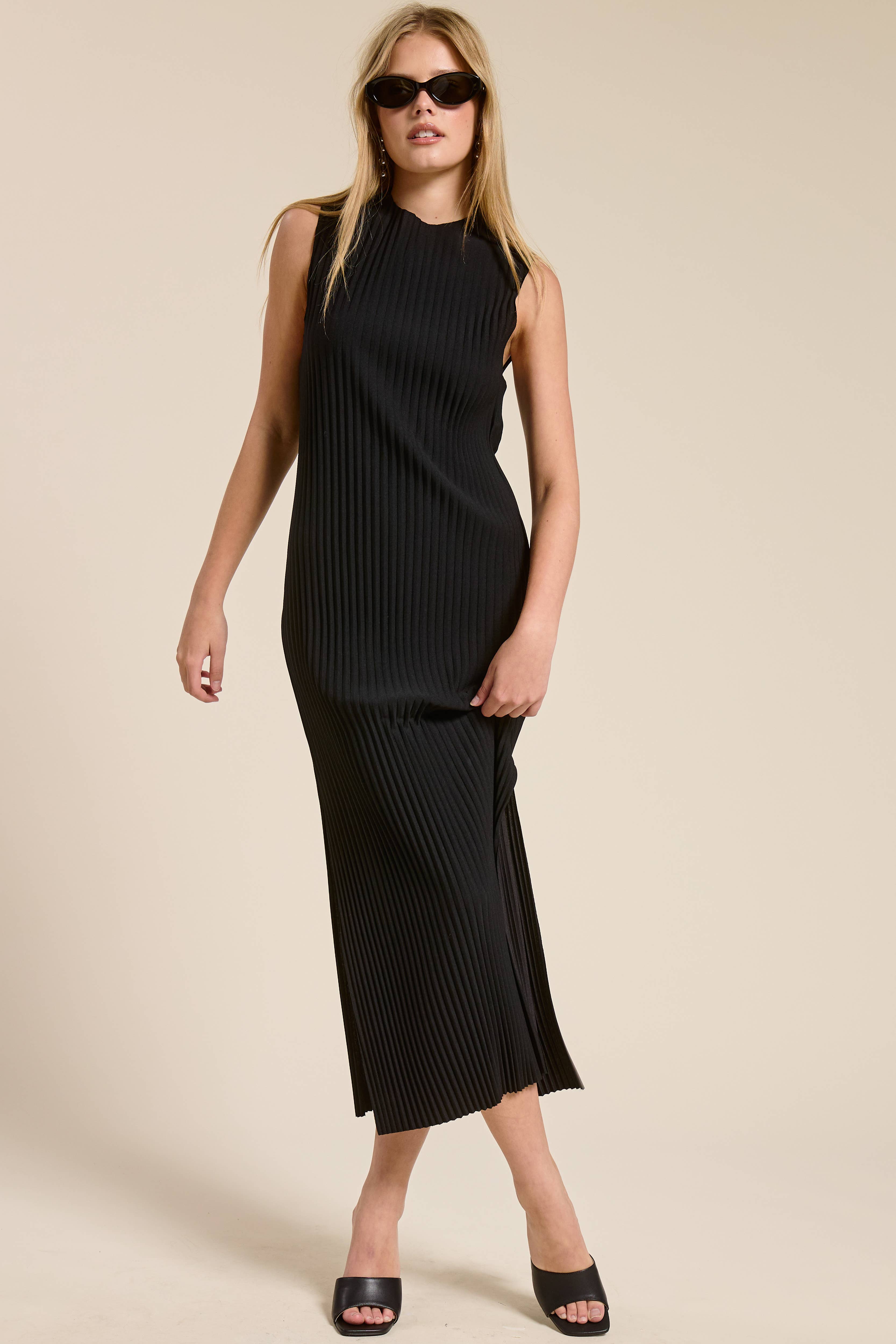 Mimosa - Wholesale Dress - Women's - Sleeveless Pleated Midi Dress with Side Slit1