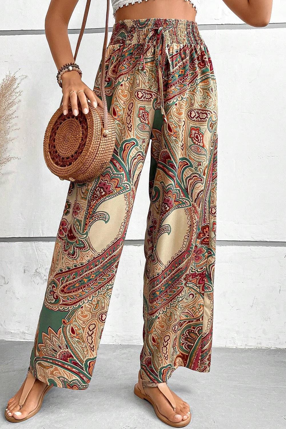 1 the Woman - Wholesale Pants - Women's - Paisley Print Boho Elastic Waist Wide Leg Pants1