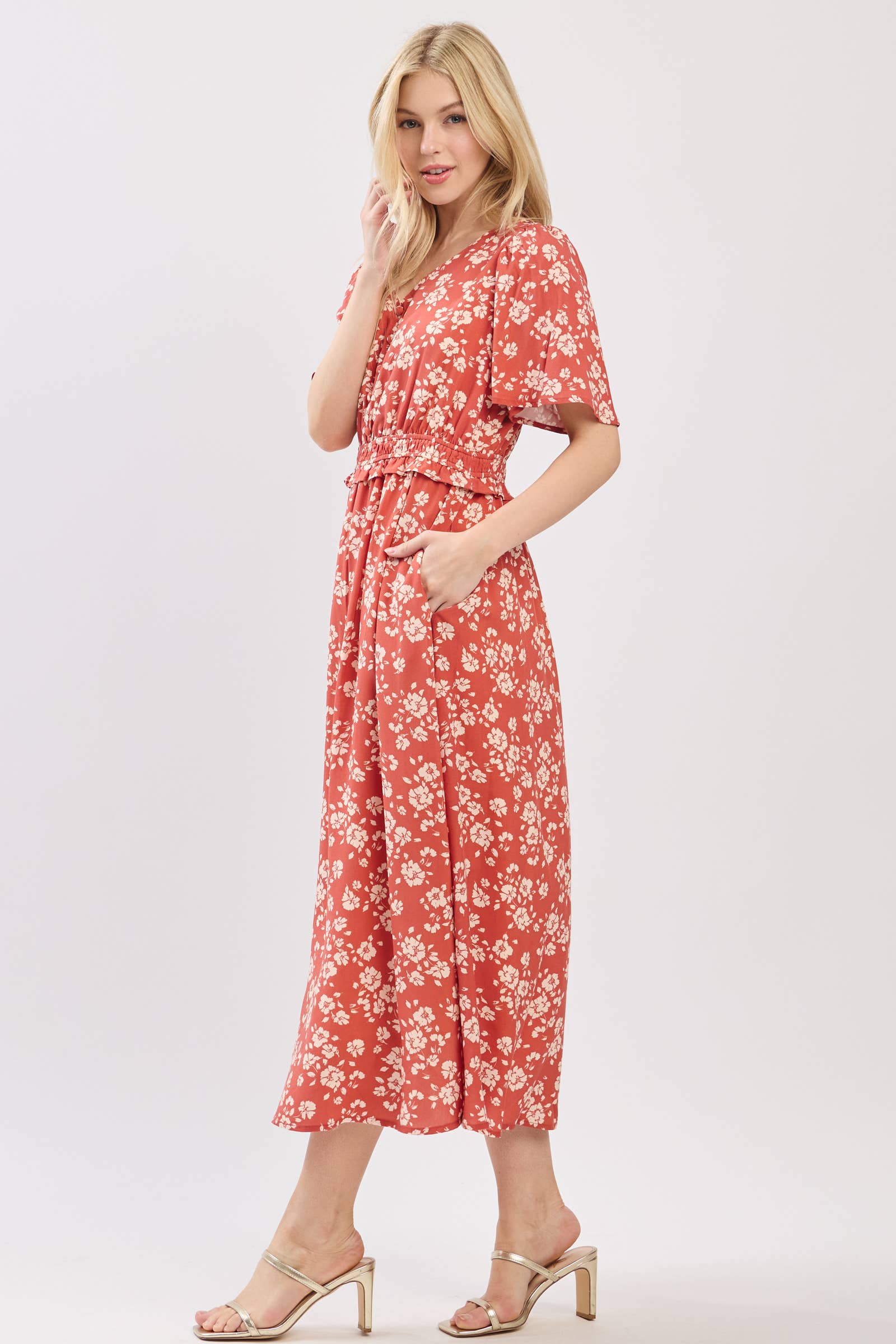 Terracotta MIDI-JURK MET PUFFMOUWEN, V-HALS EN GEDEFINIEERDE TAILLE - VD6036 voor groothandel op Faire3