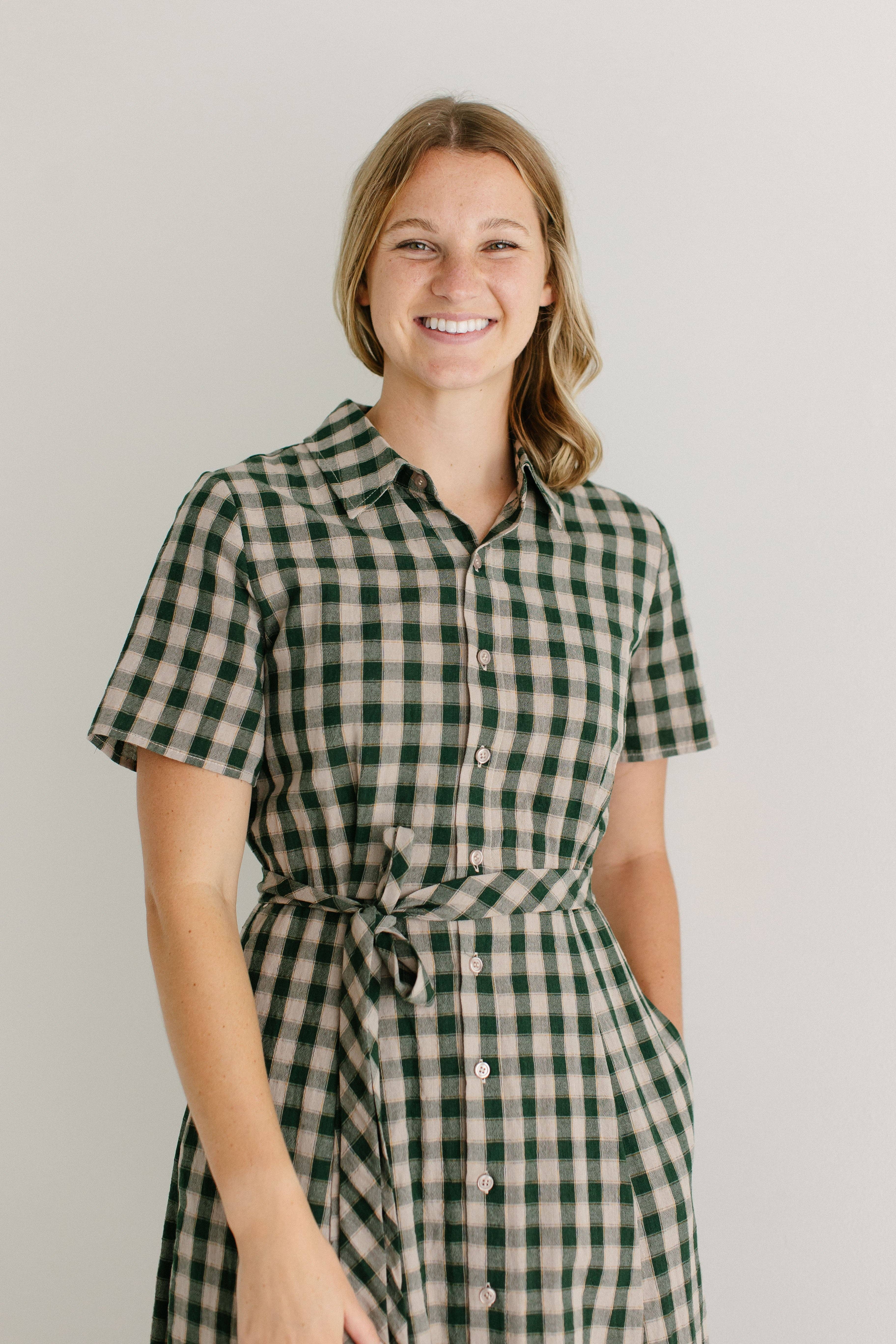 Light Tan 'Mae' Green Gingham A-Line Cotton Shirtdress FINAL SALE for wholesale on Faire16