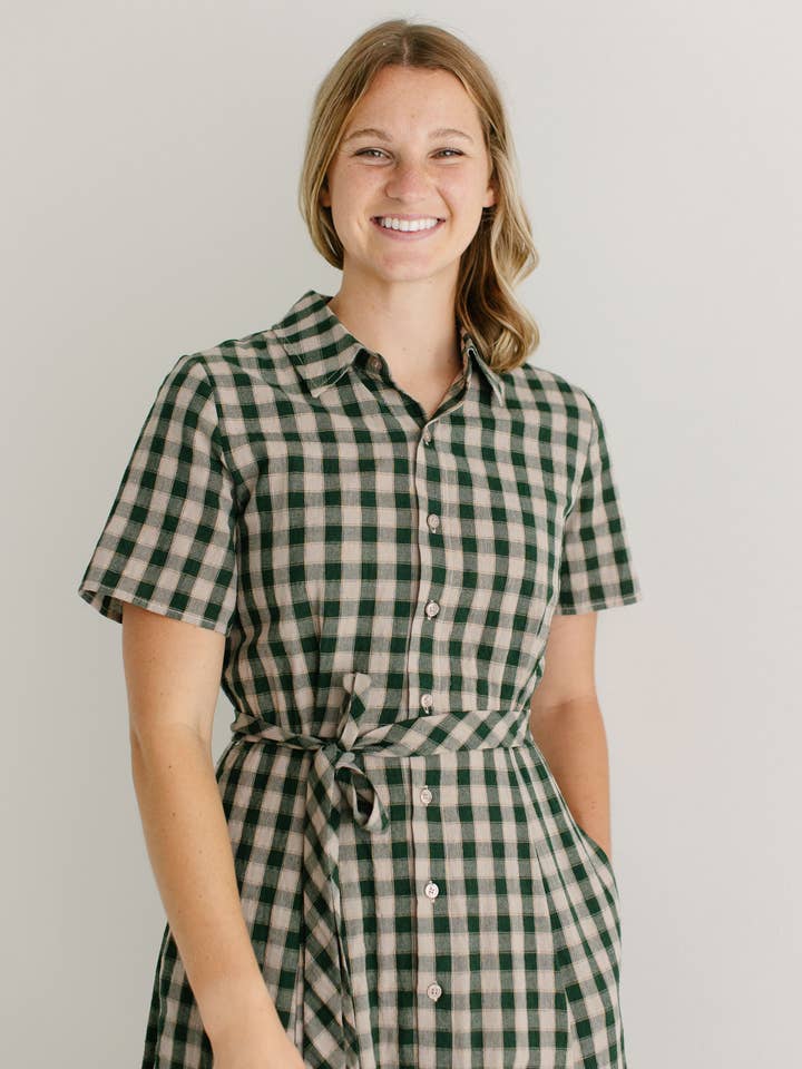 Light Tan 'Mae' Green Gingham A-Line Cotton Shirtdress FINAL SALE for wholesale on Faire16