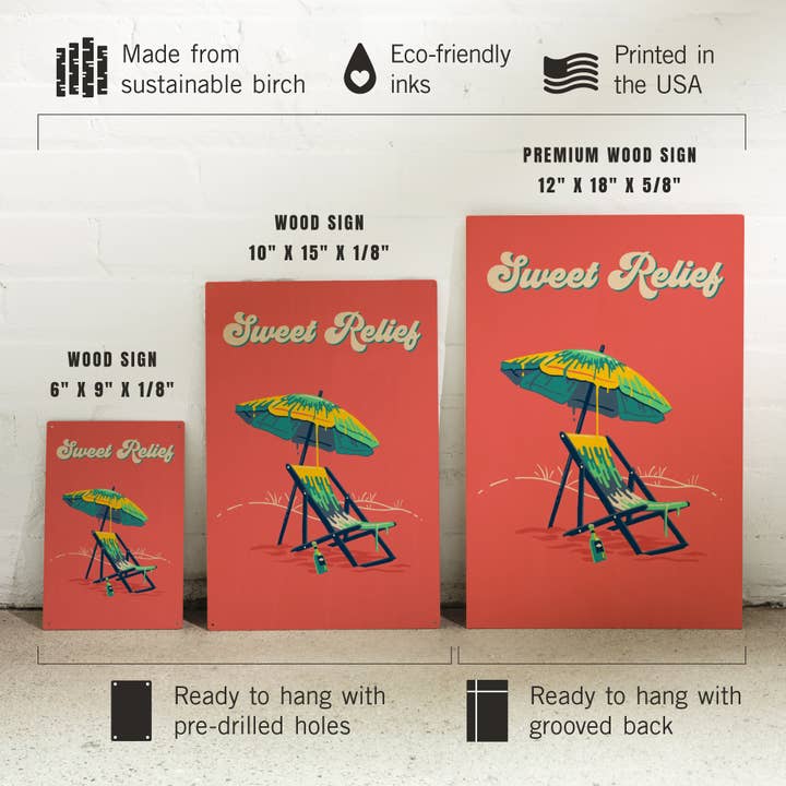 Lantern Press - Wholesale Wood wall art - WOOD SIGN ART Beach Chair and Umbrella, Sweet Relief6