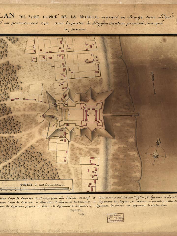 Plano Del Fuerte Condé De La Mobille, Marcado En Rojo En El Estado En Que Se Encuentra Actualmente 1743, Con La Parte De La Ampliación Es Decir, La Ampliación Propuesta, Marcada En Amarillo. para venta al por mayor de Relic Map Co.