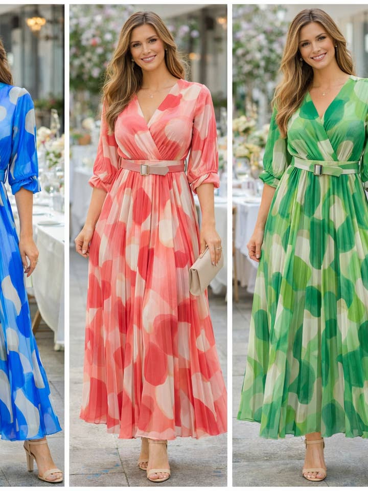 Lola V Neck Belted Pleated Maxi Dress for wholesale by Kurt Muller