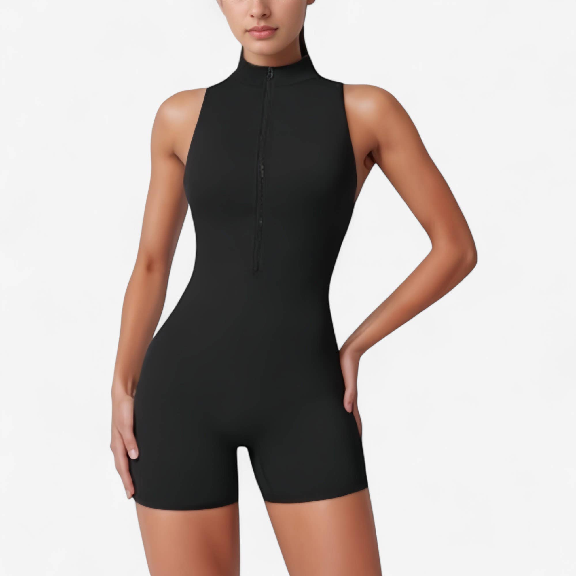 Active by Anna-Kaci - Wholesale Romper - Women's - Sleeveless Zip Front Active Romper with High Neck and Fitted0