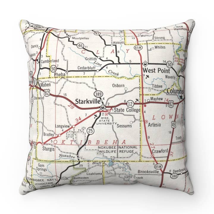 Mississippi State University Starkville Map Pillow for wholesale by Daisy Mae Designs
