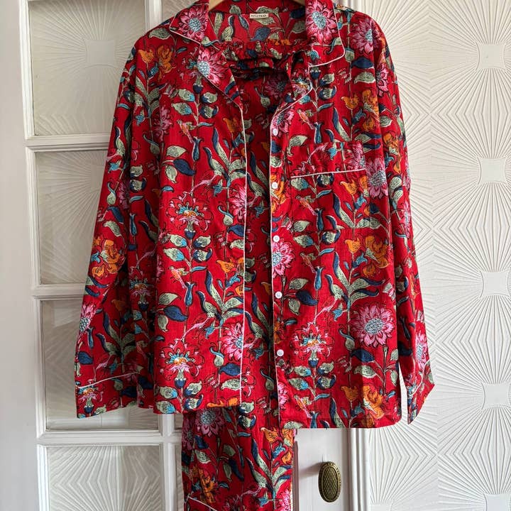 Red Flowered Indian Cotton Pyjama Set # White Lotus Vibes for wholesale by Muno