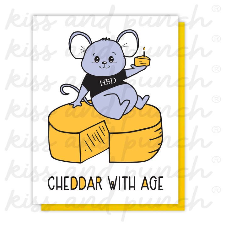 Kiss and Punch - Wholesale Birthday Card - Punny Cheddar with Age Mouse Birthday Letterpress Card
