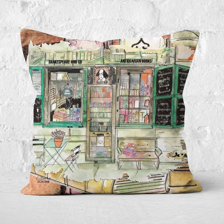 Shakespeare's Antique Bookshop Cushion for wholesale by Claire Louise