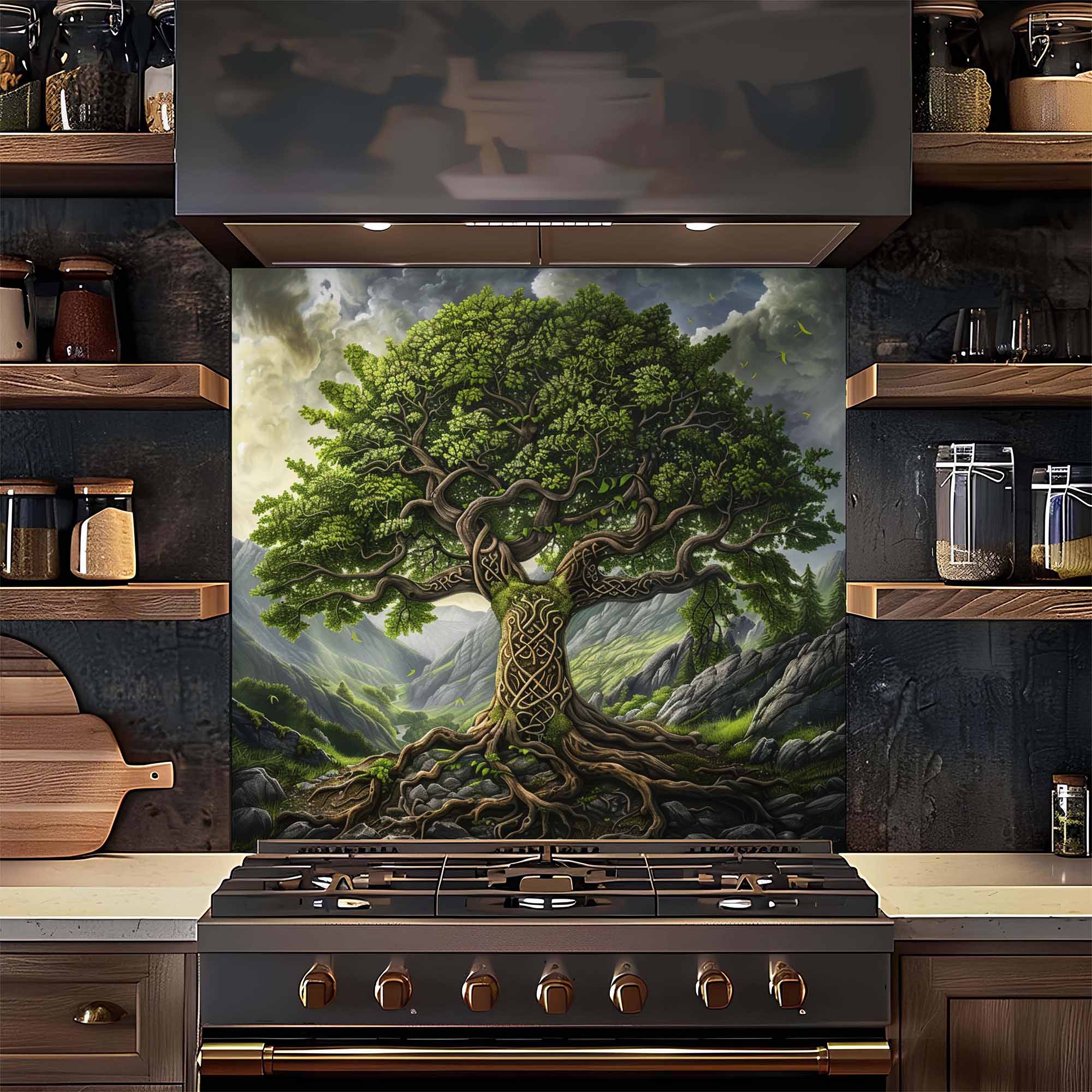 Glass Kitchen Backsplash - Wholesale Wall Accent - Celtic Mountain Tree Tempered Glass Backsplash – Kitchen Backsplash Behind Stove1