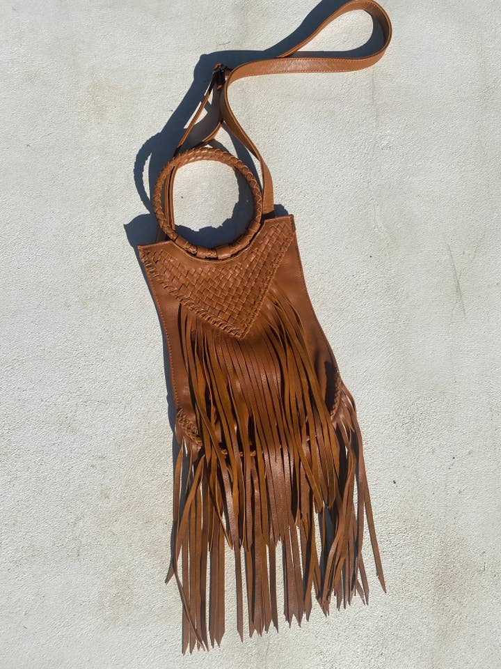 Long Fringe Woven Purse in Tan for wholesale by Shroud