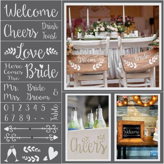 Hipster Wedding 8 Piece Craft Stencil Kit for wholesale by Oak Lane Studio