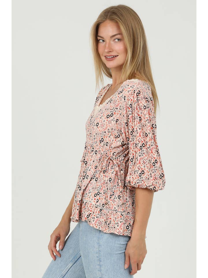 ANGIE - Wholesale Blouse - Women's - F2858-FQ61 V NECK PUFF SLEEVE BLOUSE WITH LACE TRIM AND DRAW2